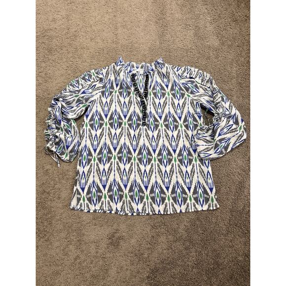 Chicos Linen Tribal Print Jeweled Neckline Ruffle Drawstring Sleeves Size 0.5/6 - Picture 1 of 8